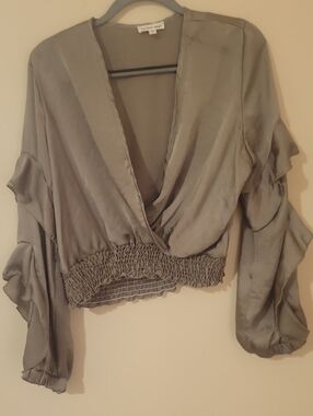 #11G Nlt Olive Satin Blouse with Ruffle Sleeves